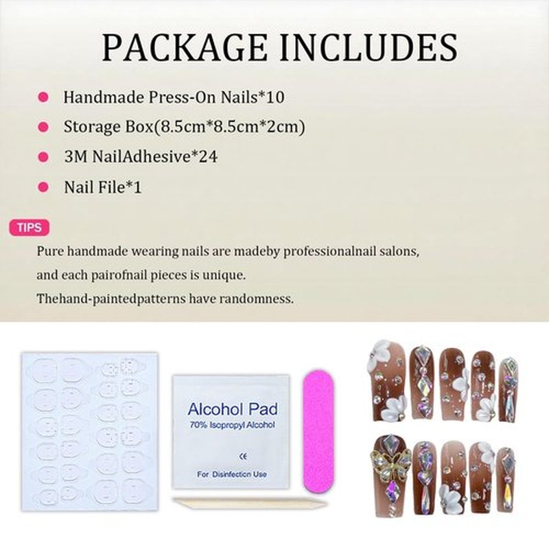 Generic Rhinestone Press On Nails Luxury Handmade Long Coffin Acrylic Nails 3D Flower Butterfly Designs Gradient Thick Fake Nails Full Cover Stick On Nails for Women Nails Manicure Decor (10pcs/box)