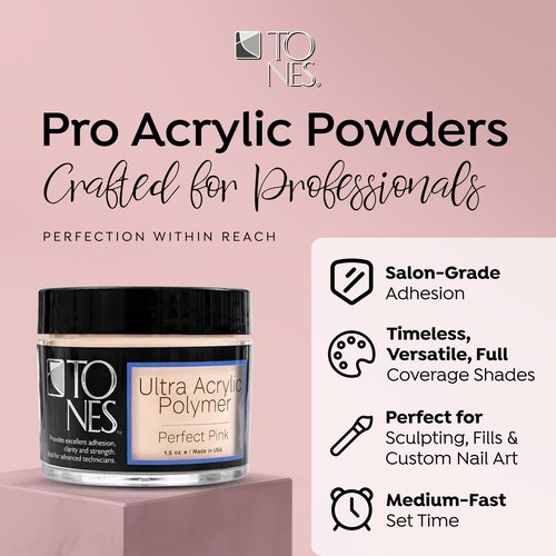 Tones Pro Acrylic Nail Powder, Perfect Pink (Soft Pastel Pink), (3.5 Fl Oz) - Long-Lasting & Non-Yellowing Polymer for Salon Quality Nail Extensions & 3D Art