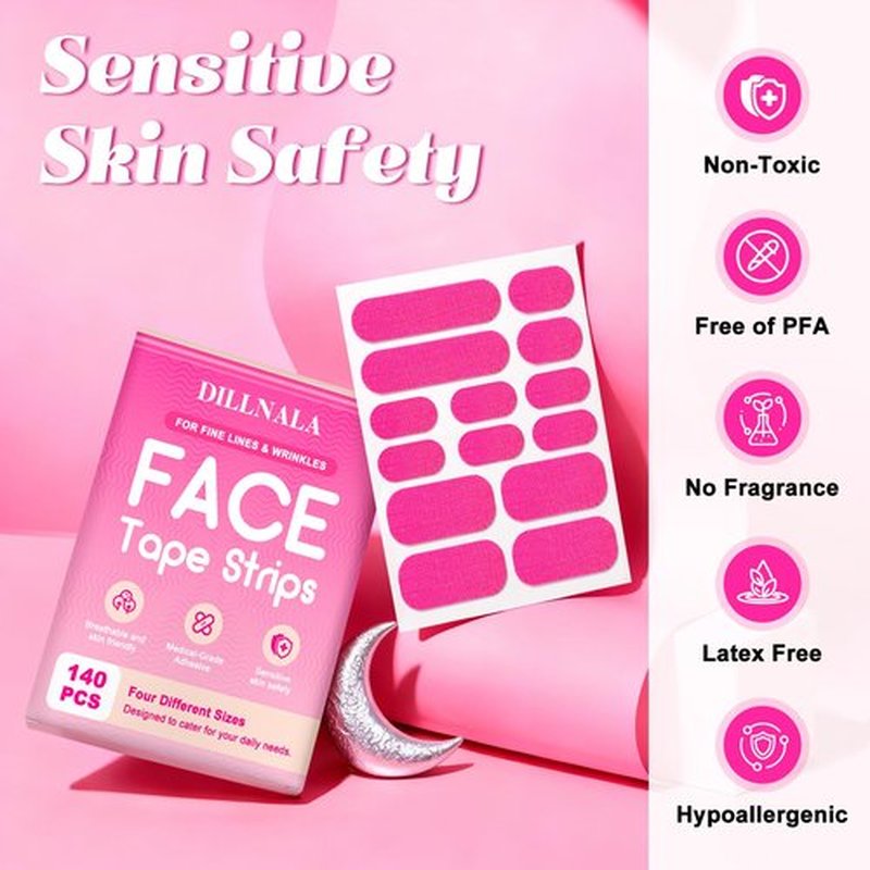 DILLNALA Face Tape Strips, Womens Overnight Anti-Wrinkle Patches, 140 Japanese Facial Lifting Tapes, Suitable For Forehead, Smile Lines, Frown Lines, 4 Sizes Smooth And Firm - Latex-Free