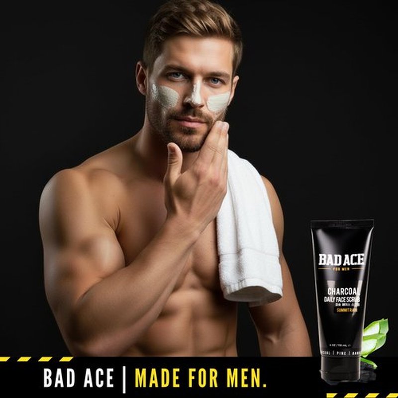 BAD ACE Daily Men's Charcoal Face Wash with Scrubs, Korean Exfoliating Face Wash - Premium Face Scrub for Men, Deep Cleansing Skin Care | Men's Facial Cleanser for Oily Skin & Normal Skin, 4 oz