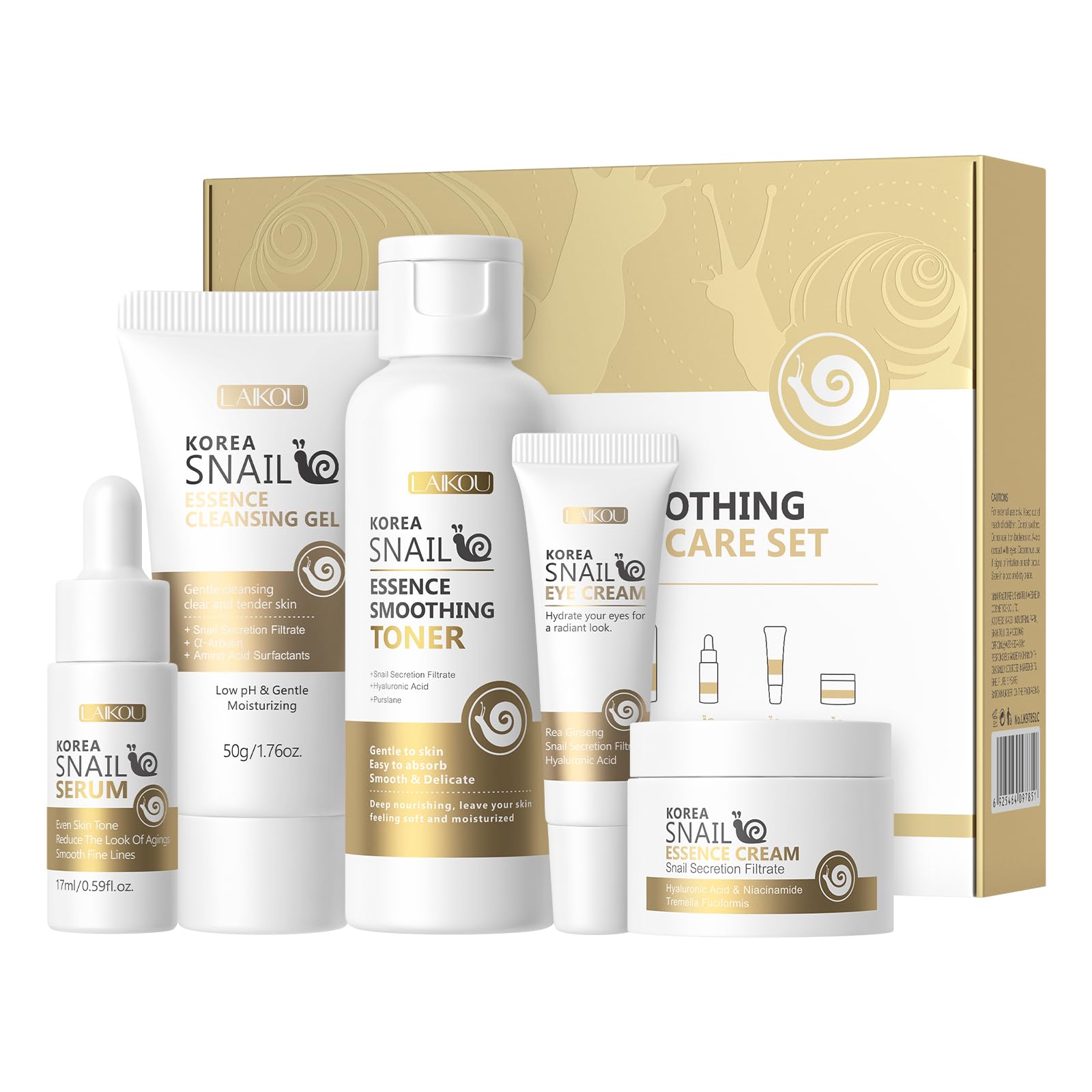 Korean Skin Care Set, Facial Skin Care Products, Skin Care Kit with Snail Serum, Cleansing Gel, Toner, Eye Cream, Essence Cream 5pcs for Women Teen Girls Mom Daughter Lover Christmas Birthday