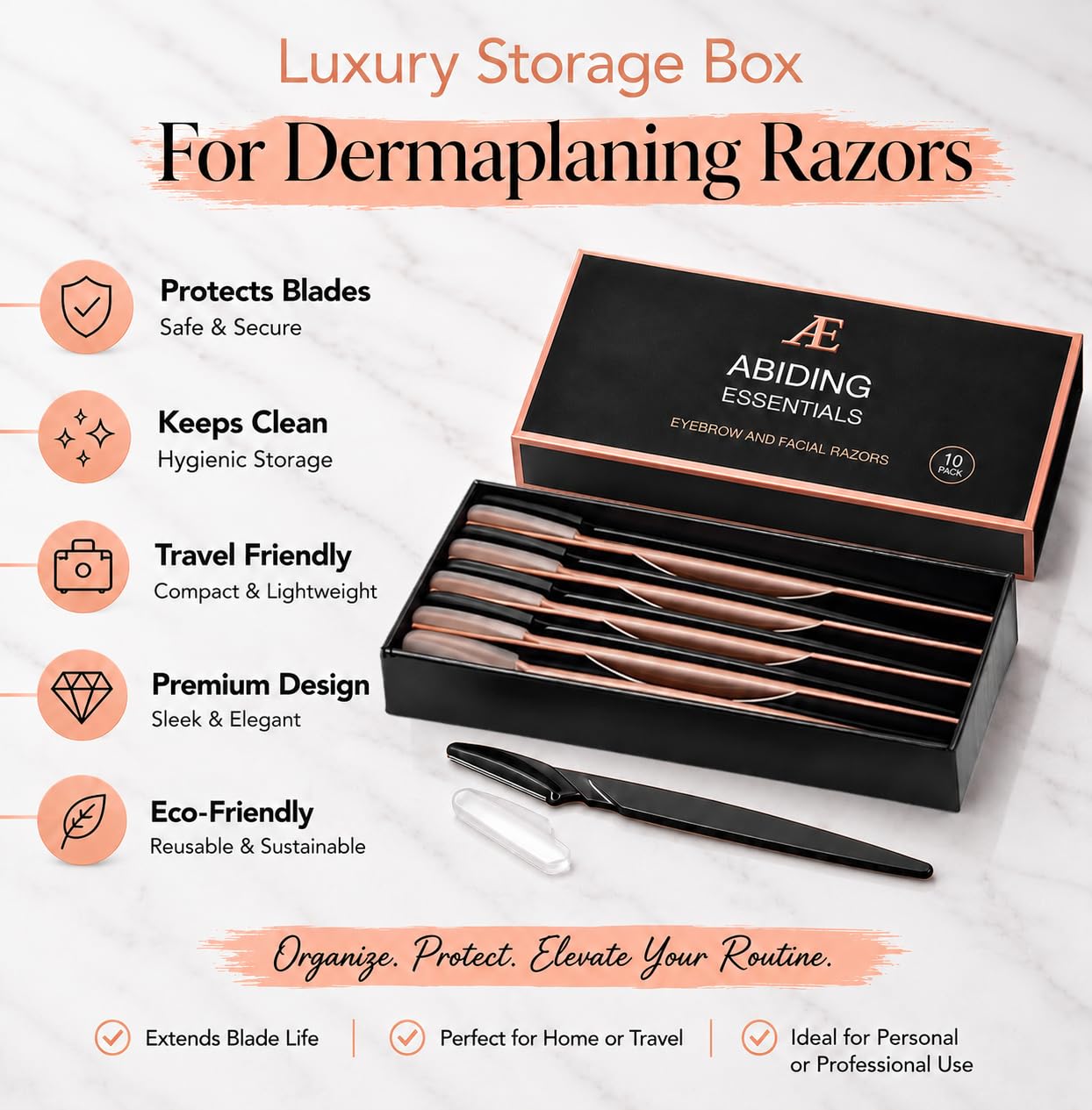Abiding Essentials Dermaplane Razor for Women & Men – Precision Hair Remover & Exfoliating Face Shaver, Eyebrow Trimmer – Luxurious At-Home Spa Skincare Set (Premium Black/Rose Gold) 10pcs