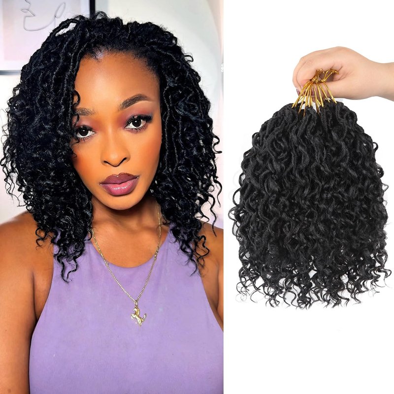 Vemet Goddess Locs Crochet Hair 8 Inch 9 Packs Faux Locs Synthetic Crochet Hair for Black Women, Boho Style Pre looped crochet with Curly Ends 1B