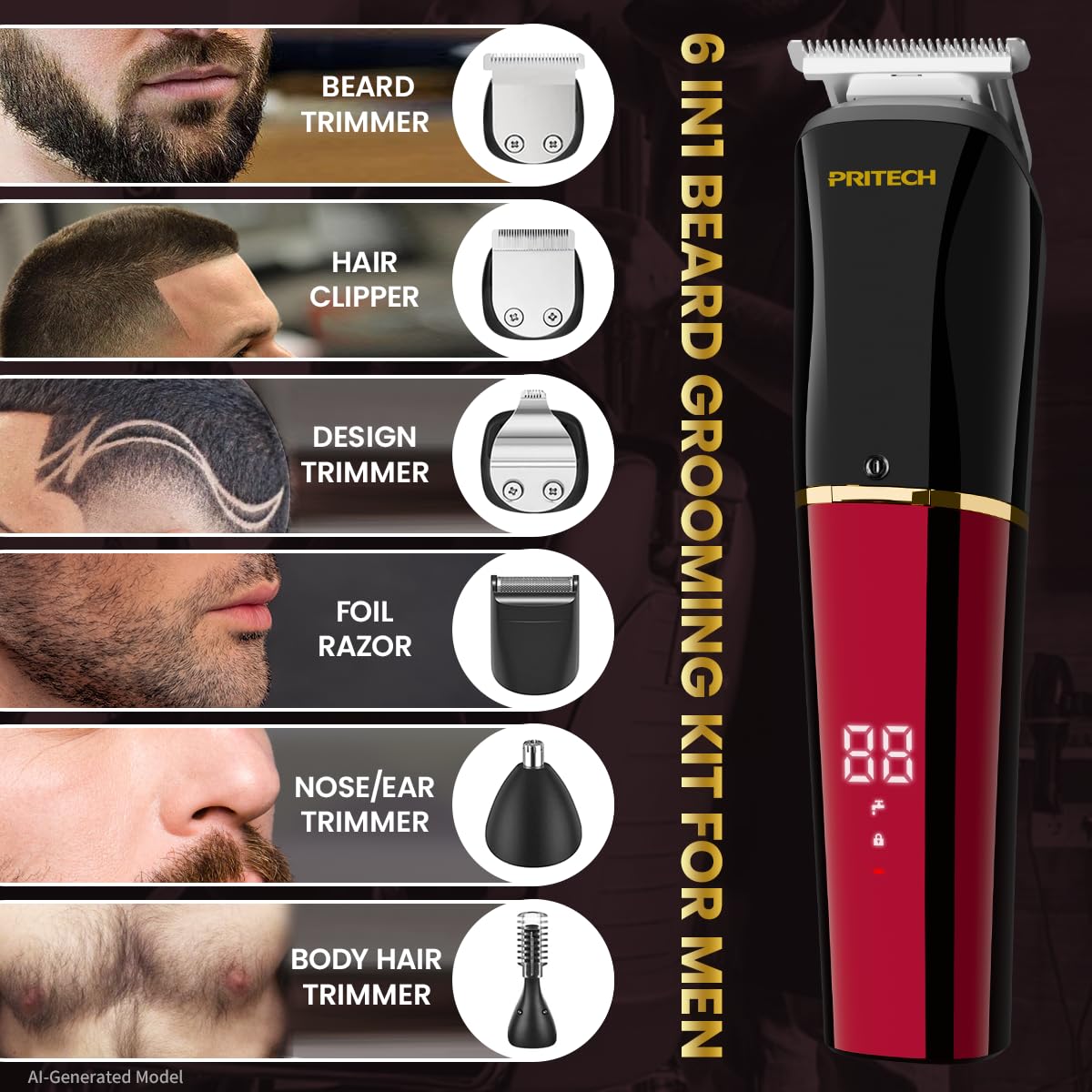 PRITECH Men's Grooming Kit, 6-in-1 Beard Trimmer & Hair Clipper, Cordless