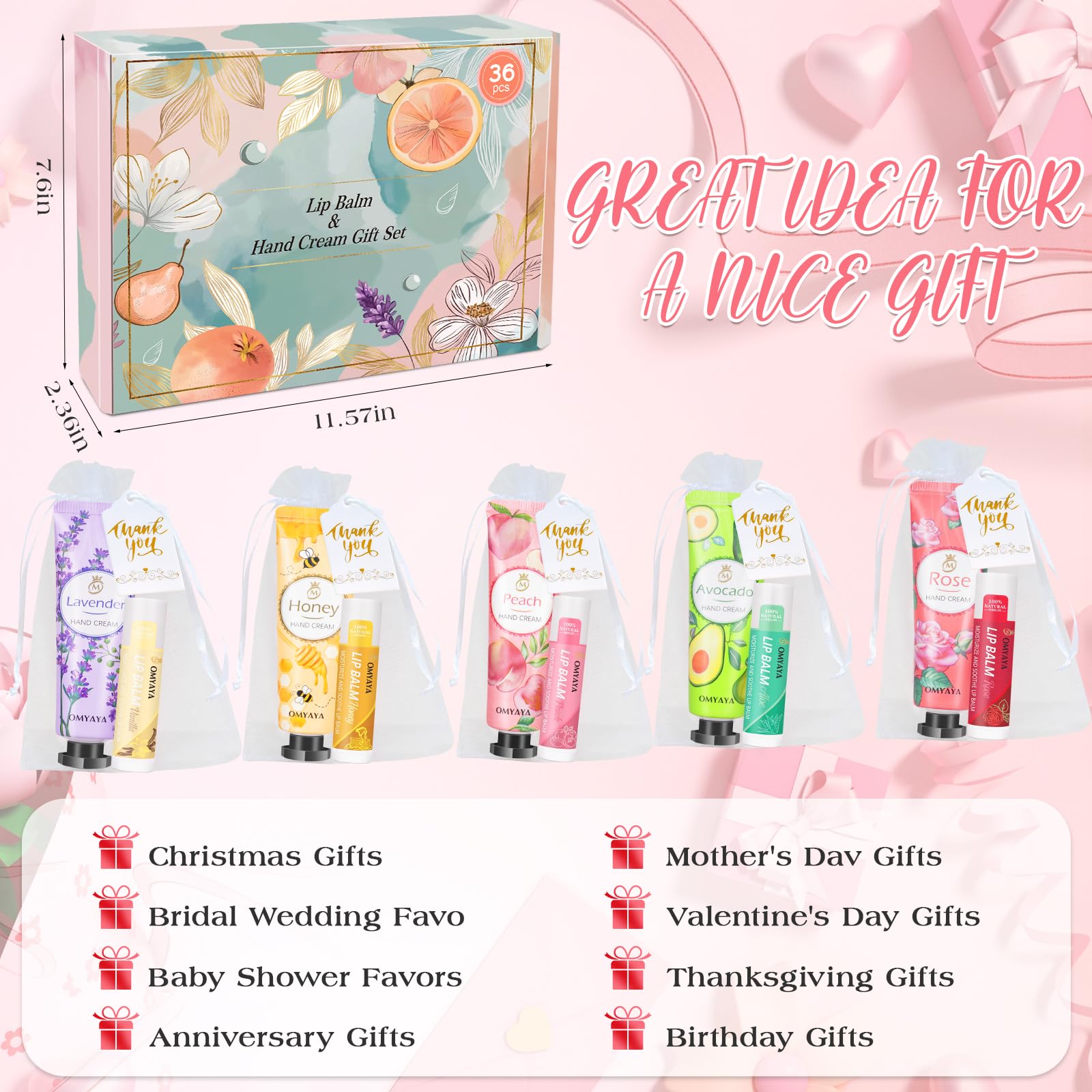 36 Sets Bulk Gifts For Women, Hand Cream Lotion and Lip Balm Bulk Set with Organza Bags, Bridal Wedding Favors, Baby Shower Favors for Guests, Teacher Appreciation Thank You Gifts, Mothers Day Gifts
