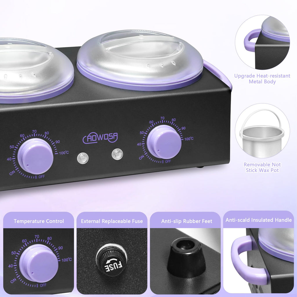 Professional Waxing Kit Wax Warmer Double Pot Wax Heater Machine for Hair Removal, Large Waxing Pot for Spa Salon Beauty Esthetician Home, with Non-Stick Easy Clean Pot, 50 Sticks & 20 Collar, Black