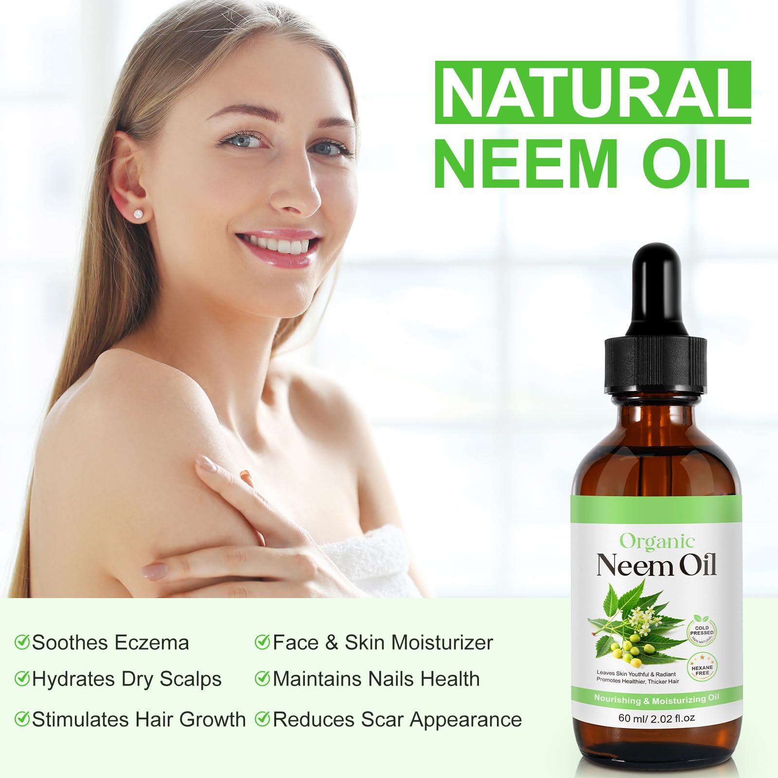 APUUFYQC Neem Oil for Skin, Pure Natural Cold Pressing, Free of Hexane, Nourishes the Skin and Hair, Reduces Fine Lines, 2.02 Oz