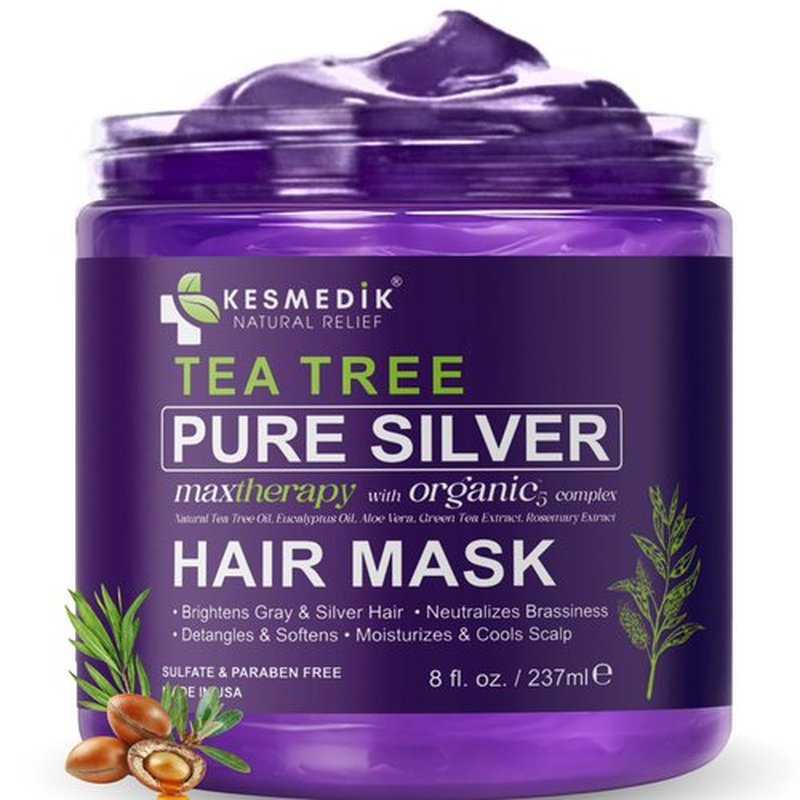 KESMEDIK Tea Tree Purple Hair Mask Toner with Argan Oil, Deep Conditioner for Dry Damaged Bleached, Blonde White & Gray Hair, Relieves Itchy Scalp, Removes Brassy & Yellow Tones