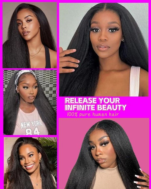 22Inch V Part Kinkystraight Wig Human Hair with Drawstring 200% Density Glueless U Part Upgraded 100% Natural Unprocessed Human Hair Wigs for Women No Sew in V Shape Clip In Half Wig Human Hair