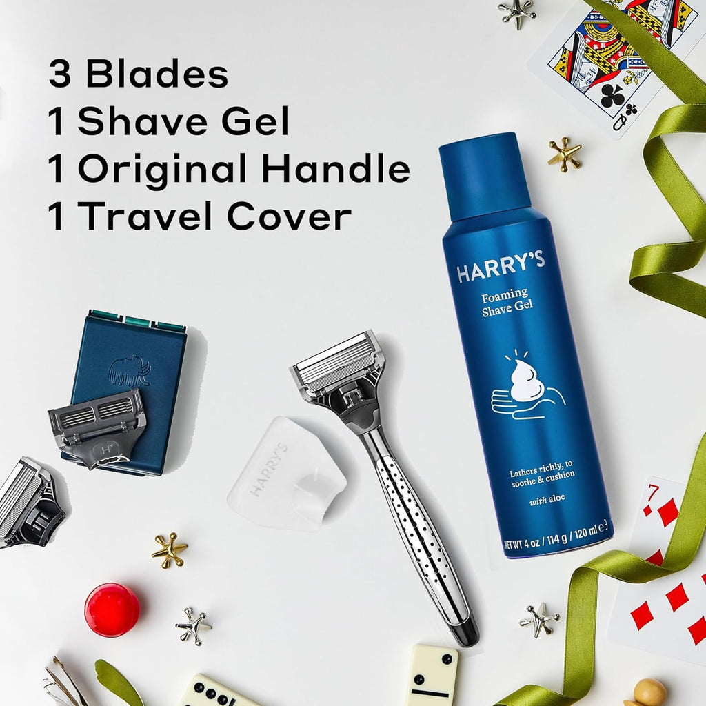 Harry's Original Shaving Kit for Men - Razor Handle, 3 Razor Blade Refills, Foaming Shave Gel, Travel Blade Cover - German Engineered - Craft Edition