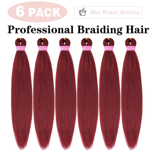 MSBELLE Red Braiding Hair Pre Stretched,20 Inch 6 Pack Prestretched Braiding Hair Extensions for Women Synthetic Soft Yaki Texture Crochet Braids Hair Extensions (Burgundy 900#)