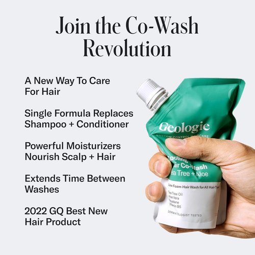 Geologie Cooling Hair Co-Wash - 4-in-1 Cleanser, Conditioner, Mask & Serum | Tea Tree Oil & Aloe Vera | Eco-Friendly Pouch
