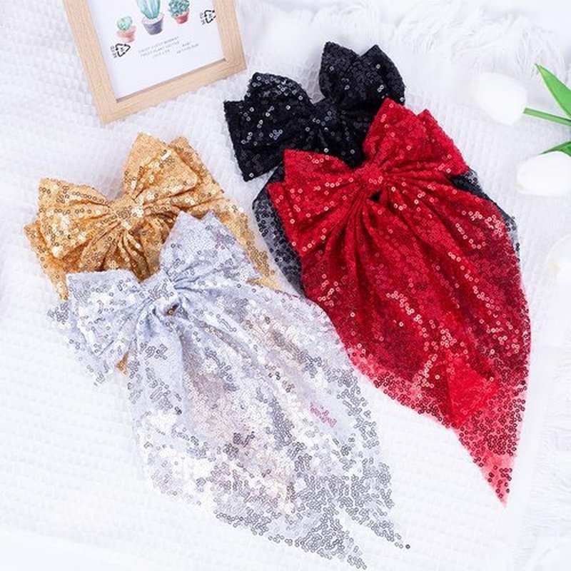 Sparkly Sequin Hair Bows for Women Girls Gold Glitter Hair Bows with Long Tail Large Hair Barrettes Hair Clips Bling Hair Accessories for Christmas Holiday Birthday Party