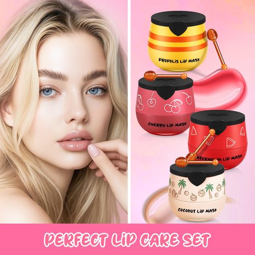 TEIHWAL 4PCS Bee Lip Balm Honey Pot Cherry Watermelon Coconut Honey Lip Balm, Moisturizing Sleeping Lip Mask Overnight, Prevention Dry and Cracked Lips