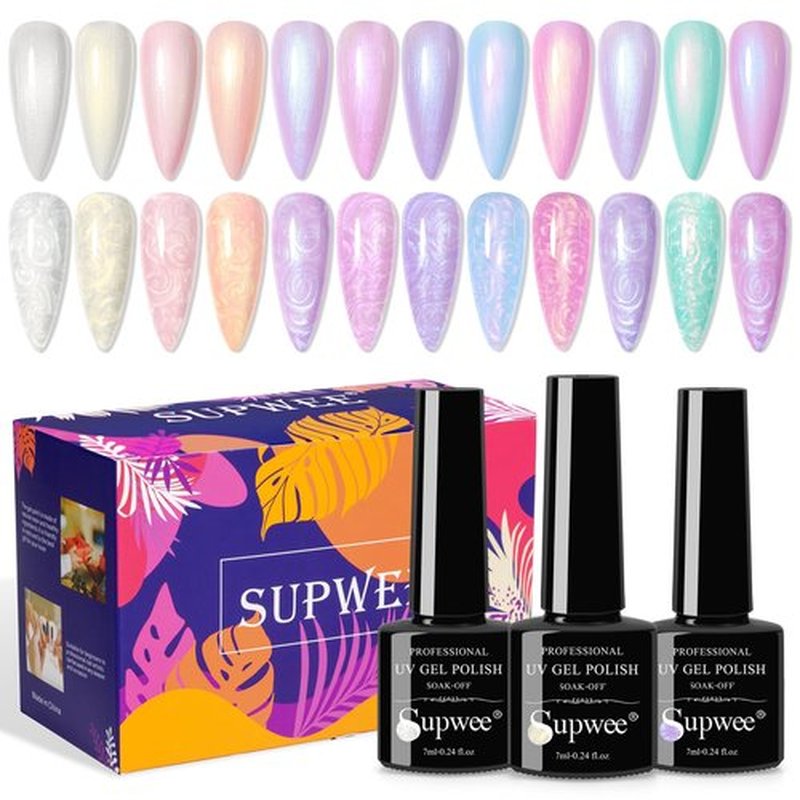 SUPWEE Pearl Gel Nail Polish - 12 Colors Shimmer Mermaid Nail Gel Polish White Pink Blue Iridescent Nail Polish Gels for Nail Art Polish DIY at Home