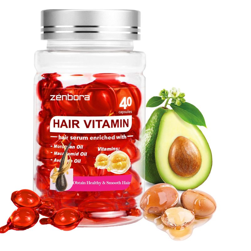 Zenbora Hair Vitamin Serum, Vitamin E Oil Capsules for Hair Growth, Body Skin Hydration & Anti-Oxidant & Anti-Aging, Leave-in with Argan Macadamia/Avocado/Moroccan Oil, Easily Absorb-40 Count