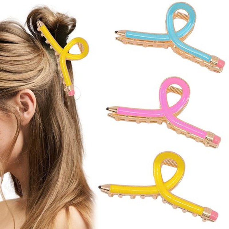Tihebax Pencil Hair Clips, Teacher Hair Clips 3Pcs Teacher Gifts Teacher Hair Accessories for Women Fun Metal Claw Clips for Back to School Students and Teachers