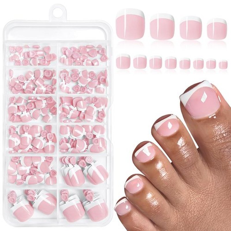 LoveOurHome 168pc French Tips Press on Toenails Women Fake Toe Nail with Glue Tab, Light Pink Acrylic Toe Nails Press ons Pedicure French Glue on Toenail Press-ons Nail Toes Tips False Nails for Feet