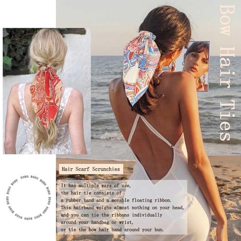 Jewemia Boho Hair Scarf Scrunchies for Women Bow Hair Ties Floral Hair Scrunchies Silk Elastic Ponytail Holder Hair Accessories for Girls 4 pcs (Boho)