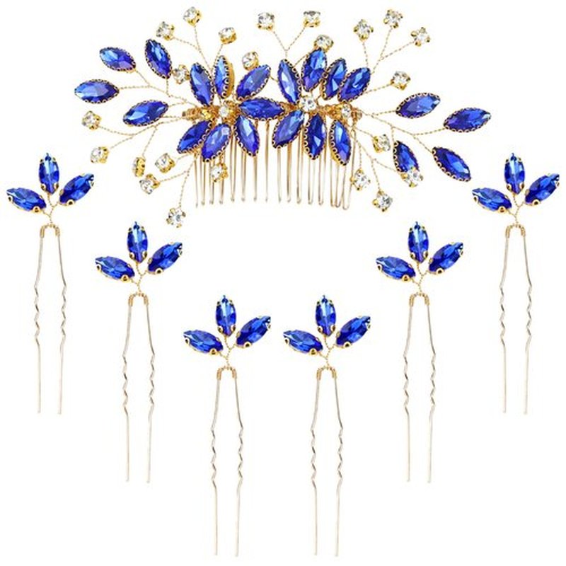 inSowni 7 Pieces Royal Blue Rhinestone Wedding Bridal Hair Side Comb Slide+U-shaped Hairpins Hair Accessories Headpieces for Women Girls Brides Bridesmaids