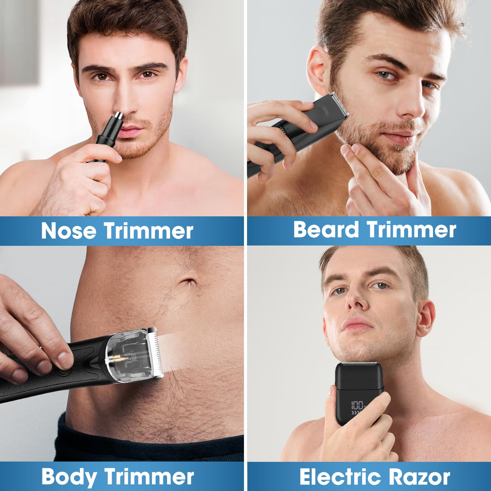 Lanumi 4 in 1 Body Hair Trimmer Set Cordless Groin Intimate Hair Trimmer for Men Rechargeable Beard Trimmer Ear& Nose Trimmer Electric Shaver Groomer, Black
