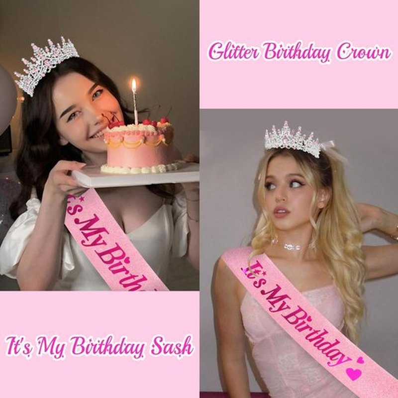 CURASA Birthday Sash and Crown for Women Pink Birthday Crown Tiara Adult Women Princess Crown Pink Decoration Party Favors Gifts