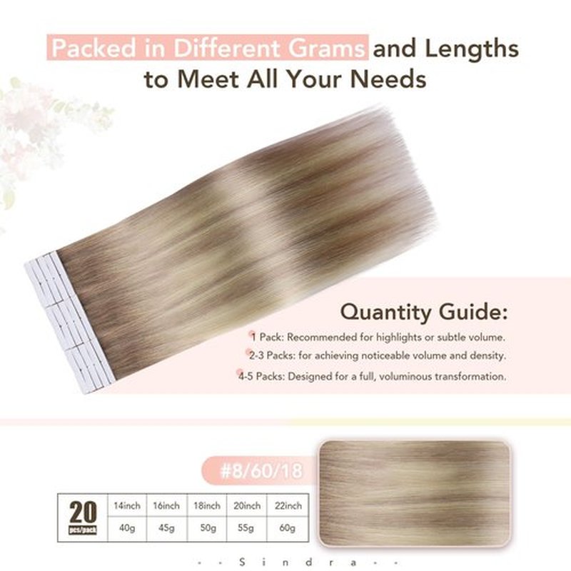 Sindra Invisi Edge Tape in Extensions Human Hair, Invisible Tape in Hair Extensions Ash Brown mixed Platinum Blonde and Ash Blonde Natural Seamless 14 Inch 40g 20pcs/pack