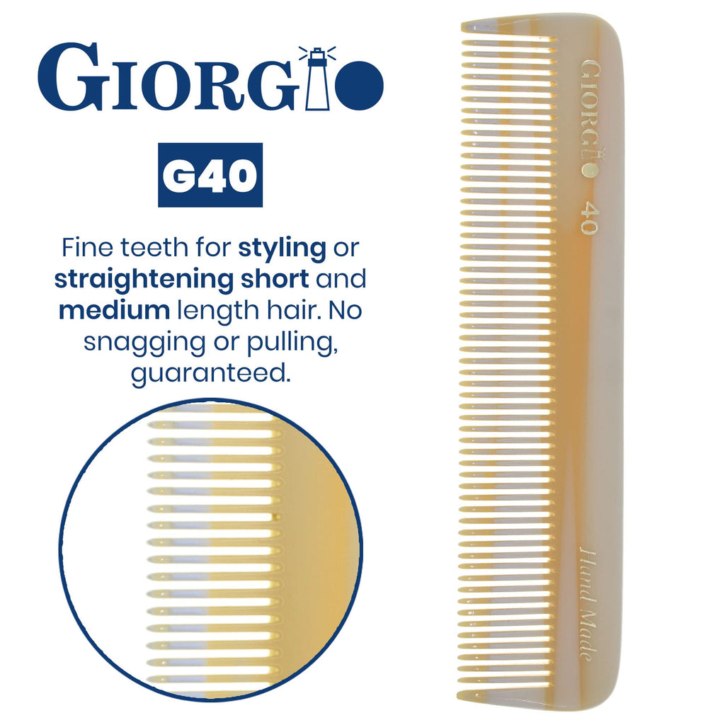 Giorgio G40 Handmade All Fine Tooth Pocket Comb, Hair Comb Straightener for Everyday Grooming Styling Hair, Mustache and Beard for Men Women and Kids, Saw Cut and Polished