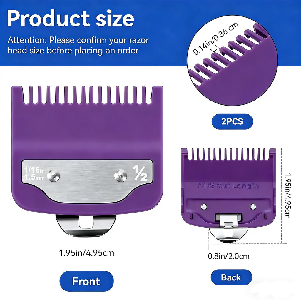 2 Pack Clipper Guards Set Compatible with wahl 1/2 clipper guards, 1/16"1.5mm Metal Hair Clipper Guards Set Replacement for Wahl Clipper Guards Set, for Professional Stylists and Barbers(Purple)
