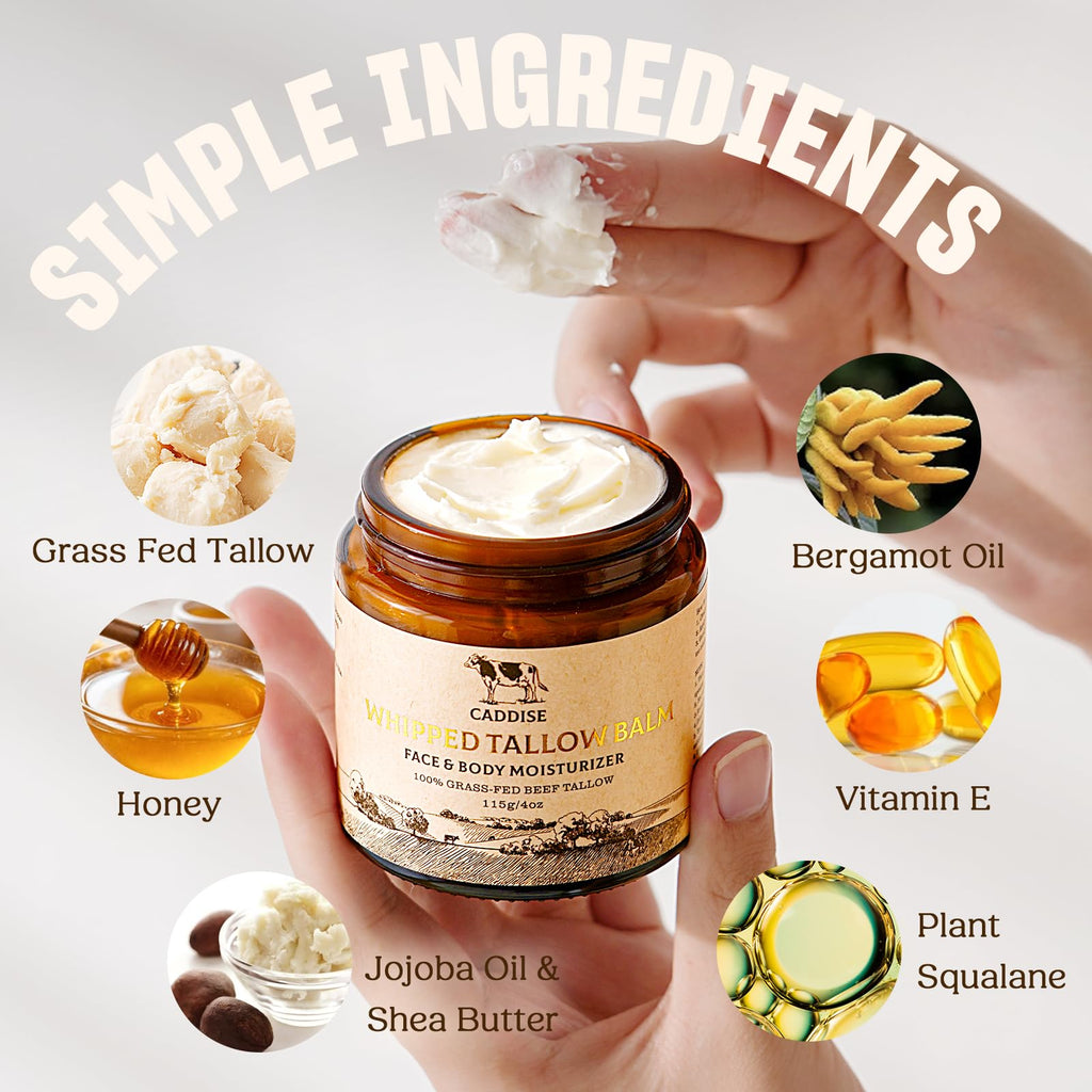 CADDISE Whipped Beef Tallow for Skin – 100% Grass-Fed Handmade Cream Moisturizer for Face & Body, Natural with Honey, Shea Butter, Jojoba Oil, Non-Greasy, Nourishing for Men, Women, Kids, 4 Oz