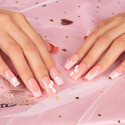 LOVFUL Press on Nails Pink Lady Handmade | Handmade with Full Covered Crystals | Reusable Fake Nails | Square Regular 1.0 in | H281-S