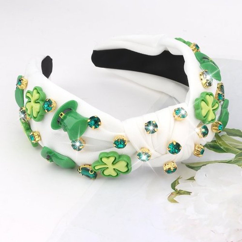 CIEHER St. Patrick's Day Headband for Women Girls, Green Shamrock Headband, Embellished Crystal Rhinestone Knotted Hairband, Irish Holiday Hair Accessories Gifts (White Fabric)