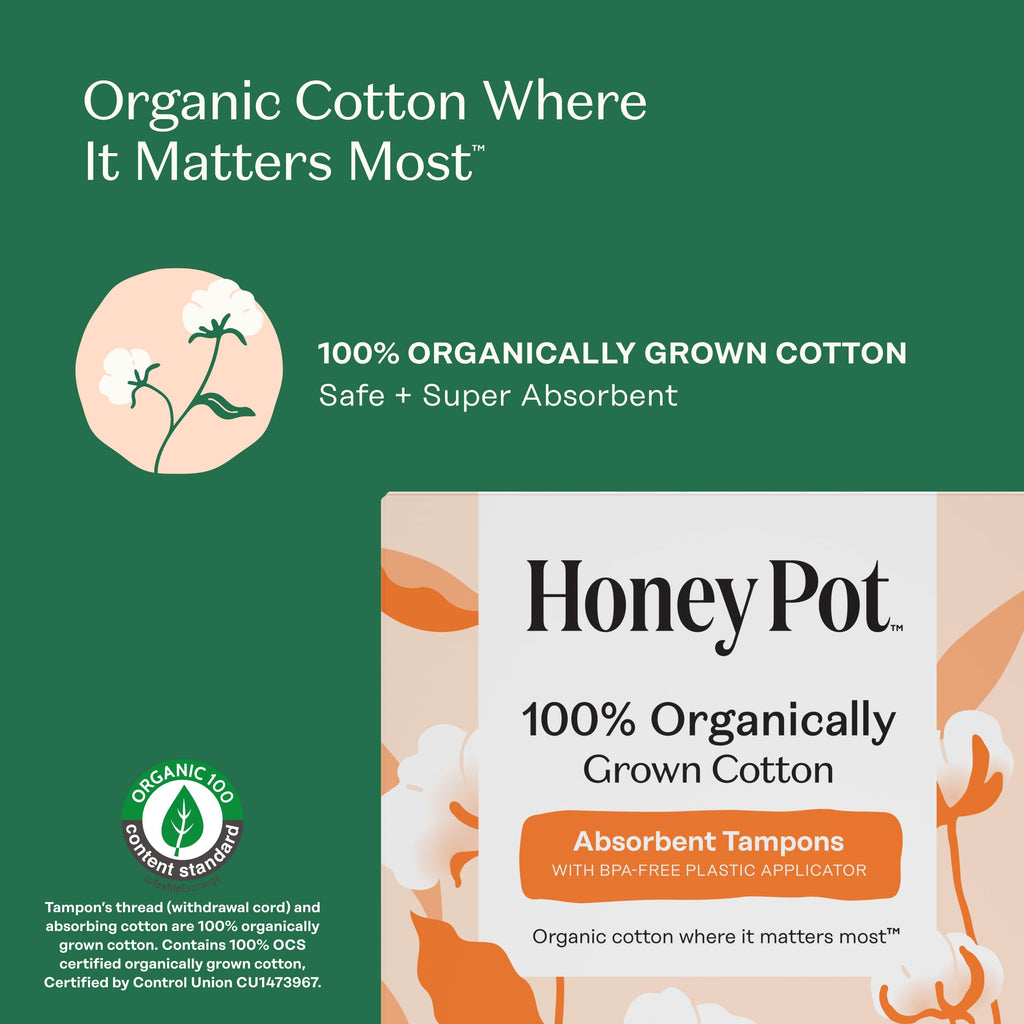 The Honey Pot Company - Multipack -100% Organic Cotton Core Tampons w/Bio Plastic Applicator - Regular & Super Absorbency - Unscented - Feminine Care - 54 Count (3 Packs of 18)