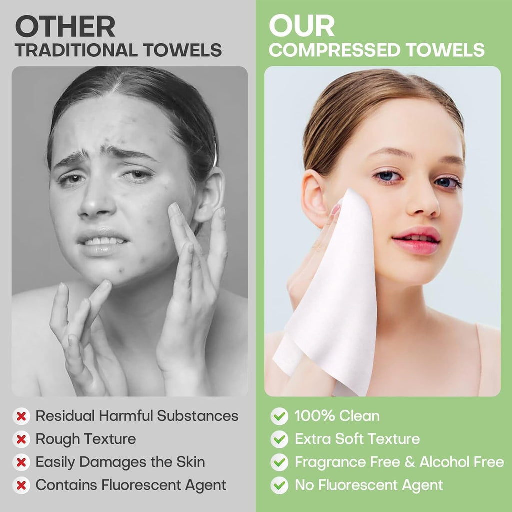 fancyou Disposable Face Towel Thicken 50 Pack Compressed Towel Tablets Reusable, Mini Disposable Facial Washcloths Compact Individually Wrapped Clean Towels for Travel Camping Beauty Home Gym (Green)