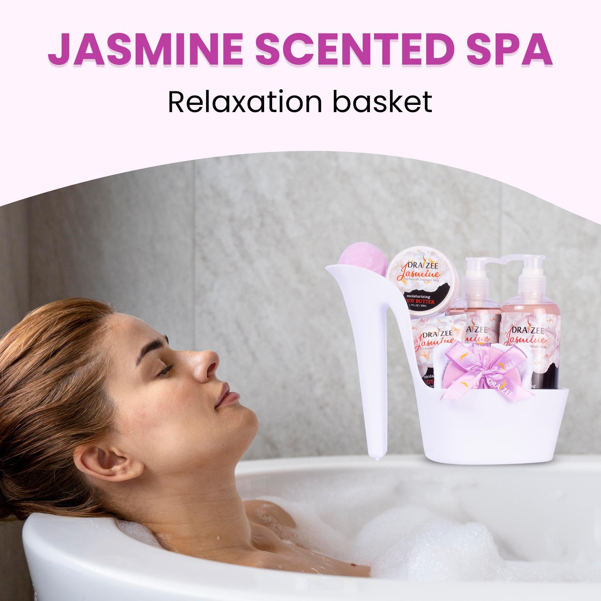 Mother’s Day Gift Baskets for Women, 8 Pc Jasmine Scented Spa Gift Set, Heel Shoe Bath Basket, Luxury Bath and Body Set, Self Care Kit for Mom, Home Spa Gift for Her by Draizee
