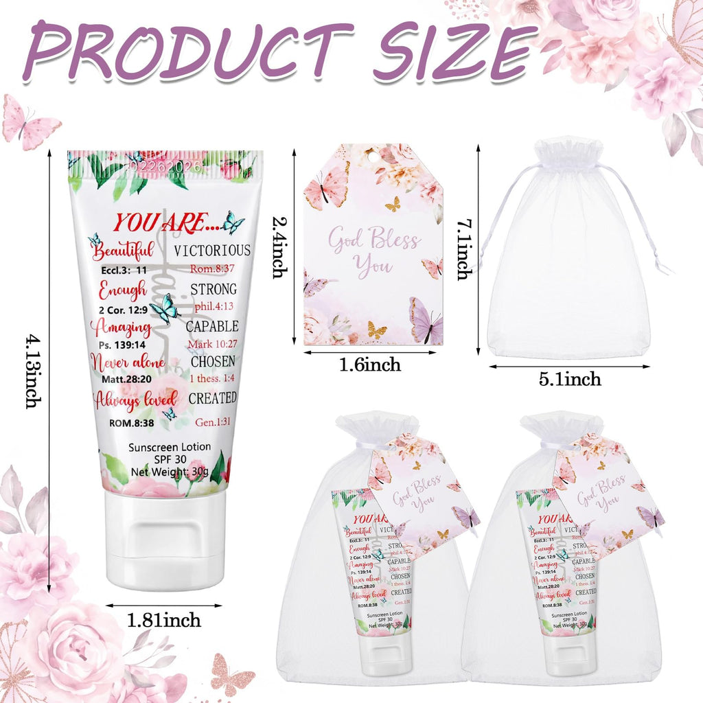 Leelosp 24 Sets Christian Mini Sunscreen Bulk Religious Gifts with Bible Verse Cards, Spf 30 Water Resistant Sunscreen Lotion 1oz, Christian Gifts for Women Mom Teacher Nurse Wedding Party Favors