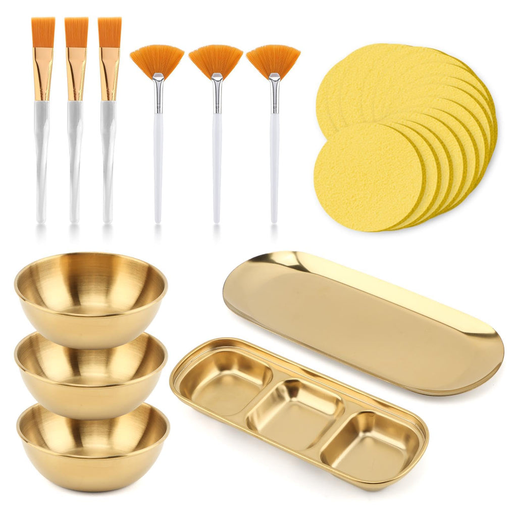 23Pcs Esthetician Supplies for Facials Set, 3 Gold Mixing Bowls Serving Tray 3 Compartment Serving Tray 3 Facial Fan Brushes 3 Flat Brushes, 12 Facial Sponge Compressed Round