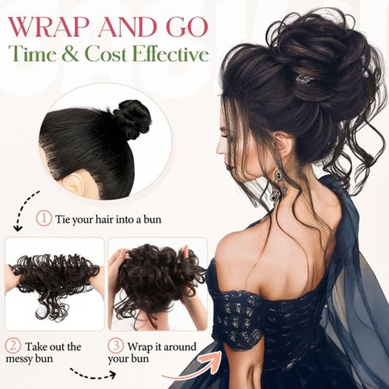 FeidyLong 2PCS Messy Bun Hair Piece Tousled Updo with Tendrils Wavy Curly Hair Bun Scrunchies Ponytail Extension Elastic Band Hairpieces For Women (Medium Brown)