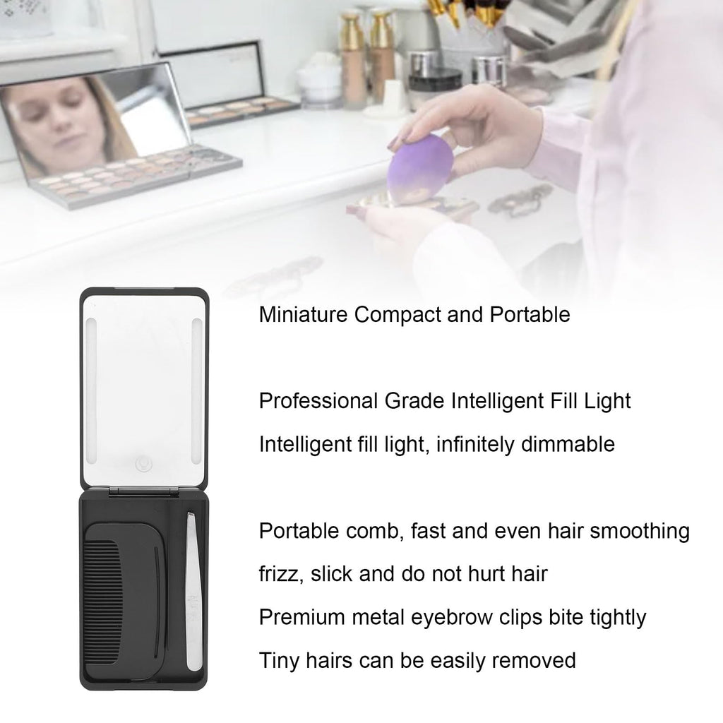 Yechiry LED Lighted Pocket Mirror, Rechargeable Compact Makeup Mirrorwith Travel Comb, Metal Eyebrow Tweezer & Smart Fill Light for Travel (Black)