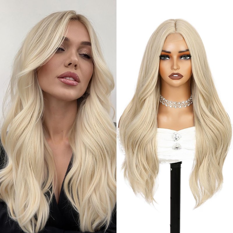 WIGER Mixed Blonde Long Wavy Wigs Middle Part Curly Wavy Layered Wig Glueless TALOS Synthetic Heat Resistant Fiber Wig for Women Cosplay Party Christmas