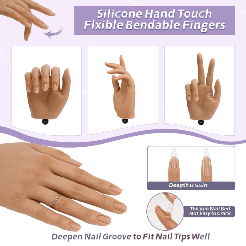 Veikmv Practice Hand for Acrylic Nails,Realistic Silicone Training Hand with Flexible Fingers for Nail Art Practice,Professional Mannequin Hand Model Kit for Gel Polish & Manicure Beginners