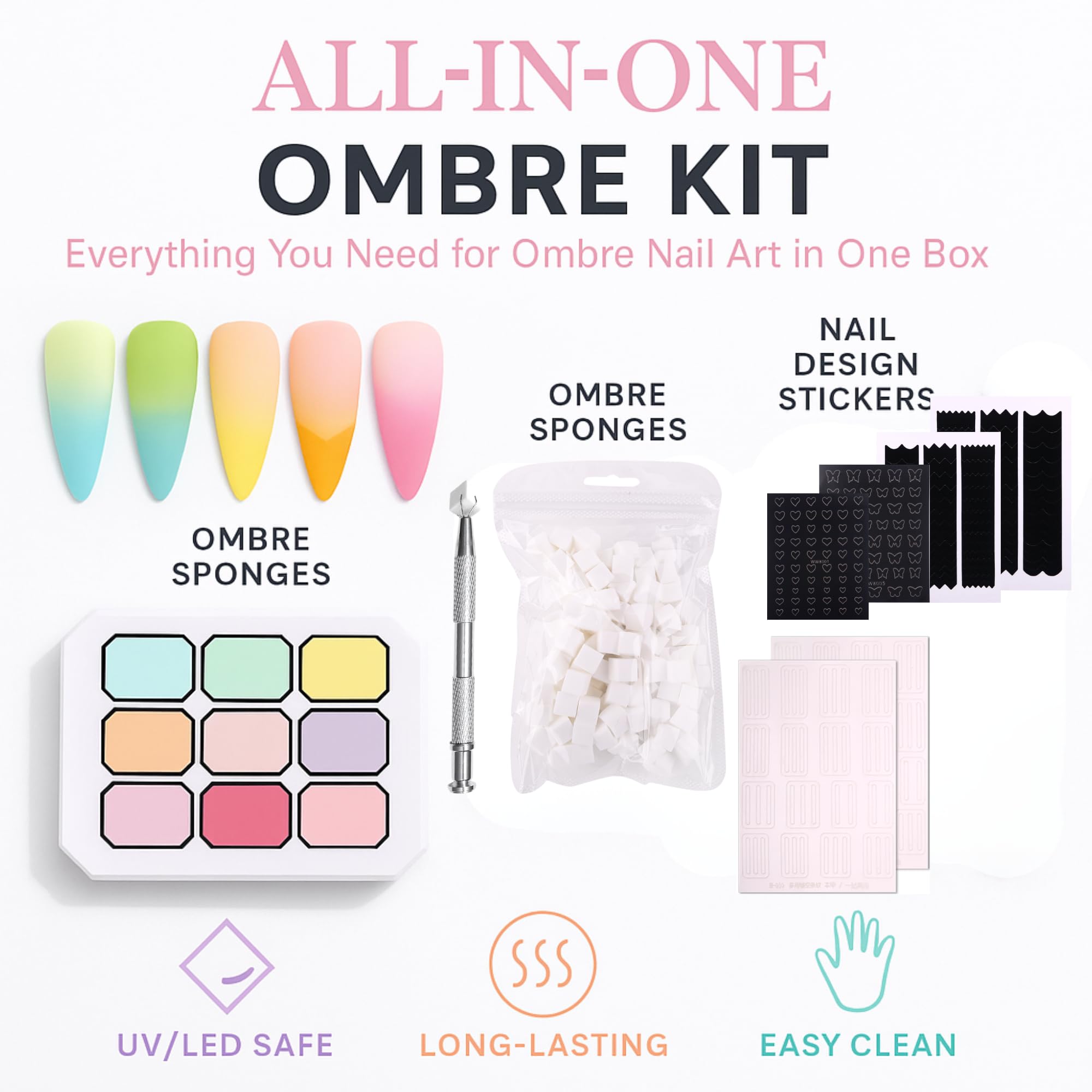 Yaya Nails Pat Pat Gel – Ombre Gradient Nail Kit, 9 Colors Blooming Gel Polish with 100 Sponges & Stickers for French Manicure (Blush & Bronze #2)