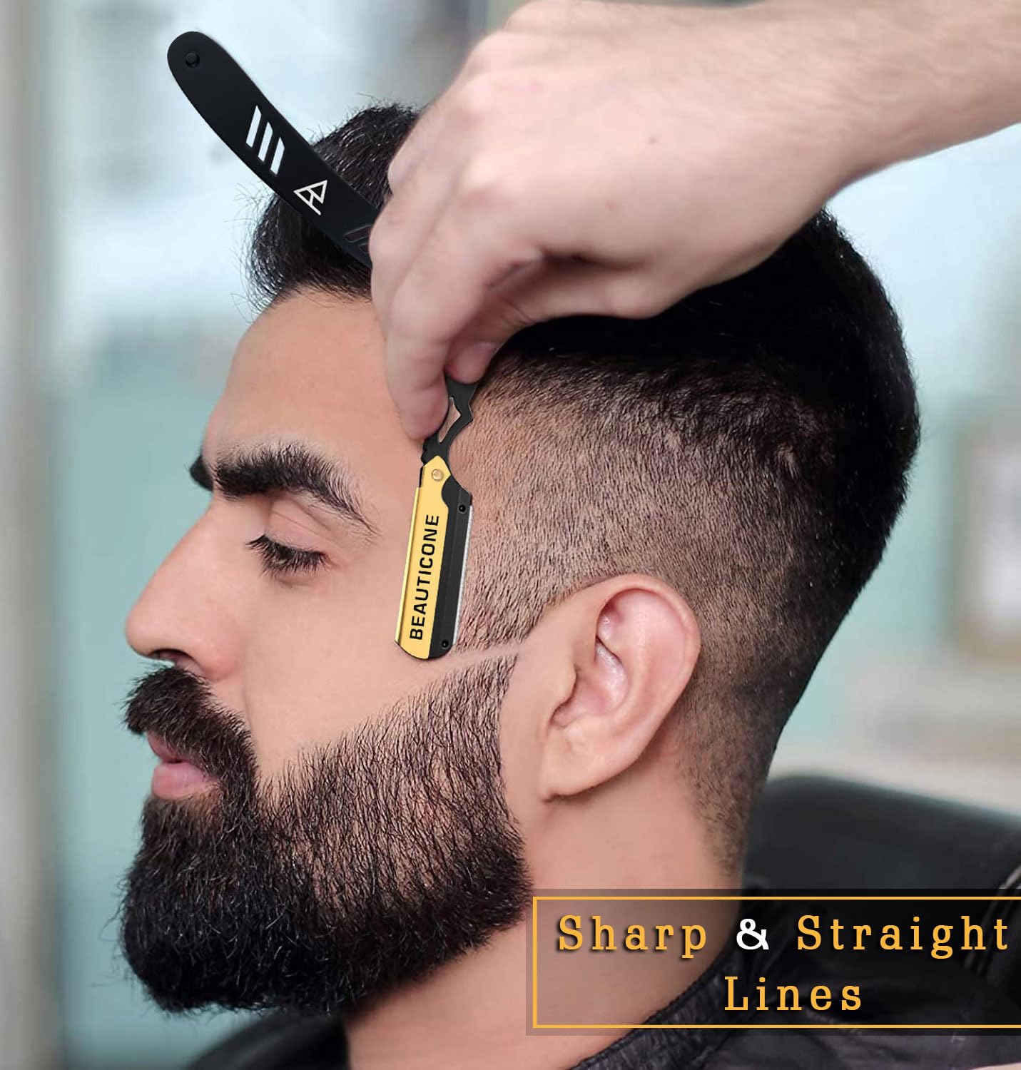 BEAUTICONE Barber Straight Razor for Men – Professional Shavette with Swinglock Blade Holder, Stainless Steel Blades Included, Cut Throat Razor, Black & Gold