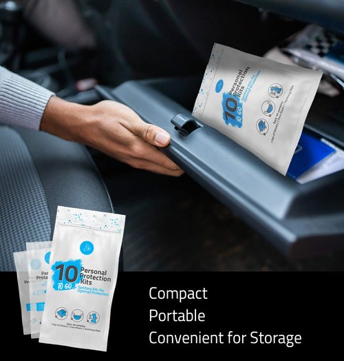 All-in-One Personal Protection Kits to GO - 10 Pack - With Plastic Gloves, Hand Cleansing Wipes, Disposable Face Mask