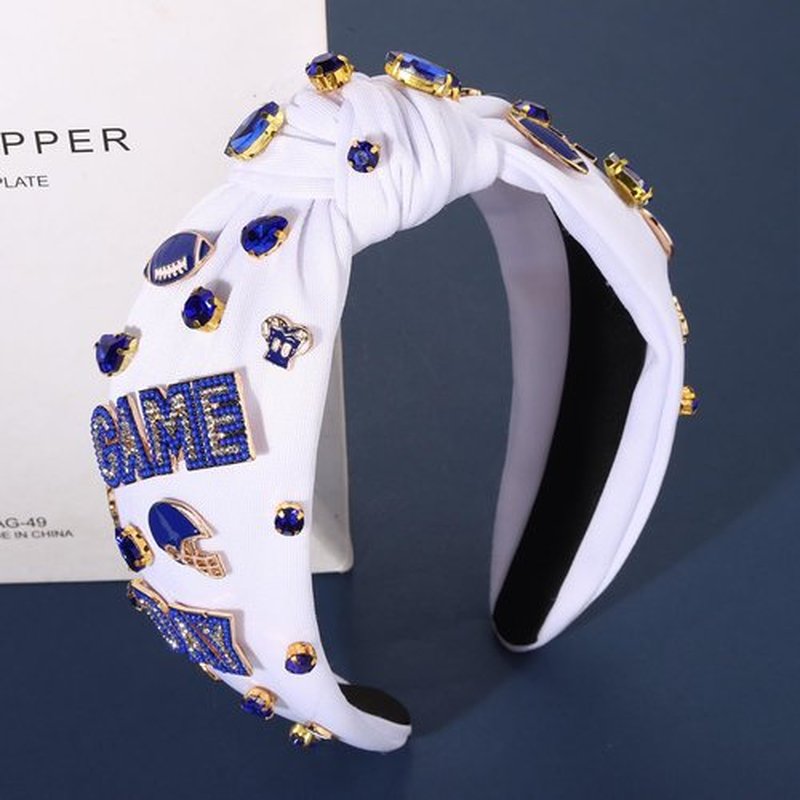 Football Headband for Women Football Accessories Beaded Football Rhinestone Crystal Knotted Headband Jeweled Embellished Game Day Top Knot Hairband Football Mom Hair Accessories (D-White Blue)