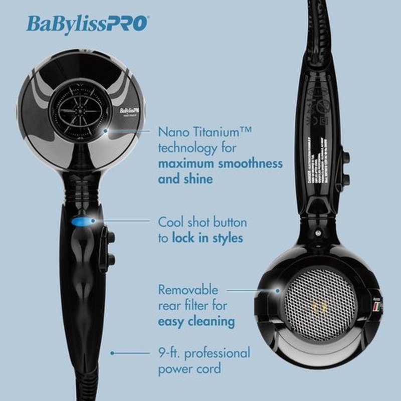 BaBylissPRO Nano Titanium Hair Dryer - Professional 2000 Watt Power | Italian Portofino Design