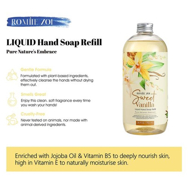 ROMIIE ZOI Liquid Hand Soap Refill, Sweet Vanilla, Gentle & Moisturizing Formula, 750 ML/ 26 FL OZ