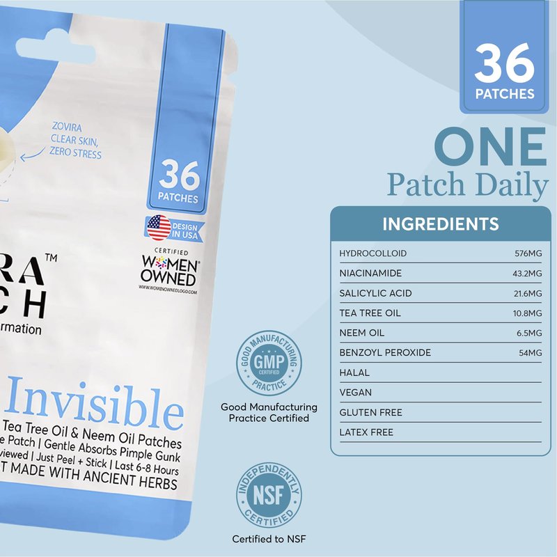 Zovira Invisible Patch-Daytime Niacinamide, Salicylic Acid, Tea Tree and Neem Oil Acne Pimple Patch (36ct) Suitable For Sensitive Skin-Tapered Edges Blends Into All Skin Tones Reduce Redness in 15 Min