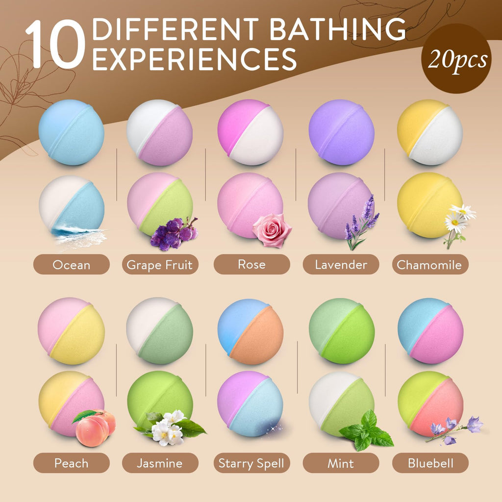 Bath Bombs for Women Gift Set, 20 Pcs Natural Bath Bombs with 10 Unique Scents, Handmade Fizzies with Shea Butter for Skin Moisturizing, Organic Relaxing Bubble Bath, Spa Gift for Mom Wife Girlfriend