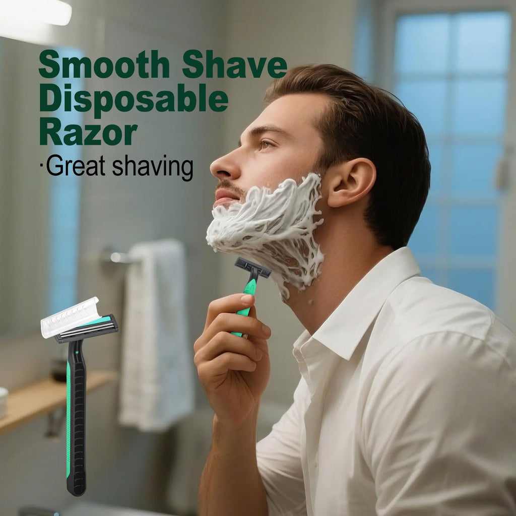 Fafortune Disposable Twin Blade Razors in Bulk, Individually Wrapped - Clear Safety Cap, For Homeless, Hotel, Airbnb, Travel (pack of 50,green)